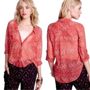 Free People Easy Rider Sheer Button Up Geometric Boho High Low Top Blouse Size M